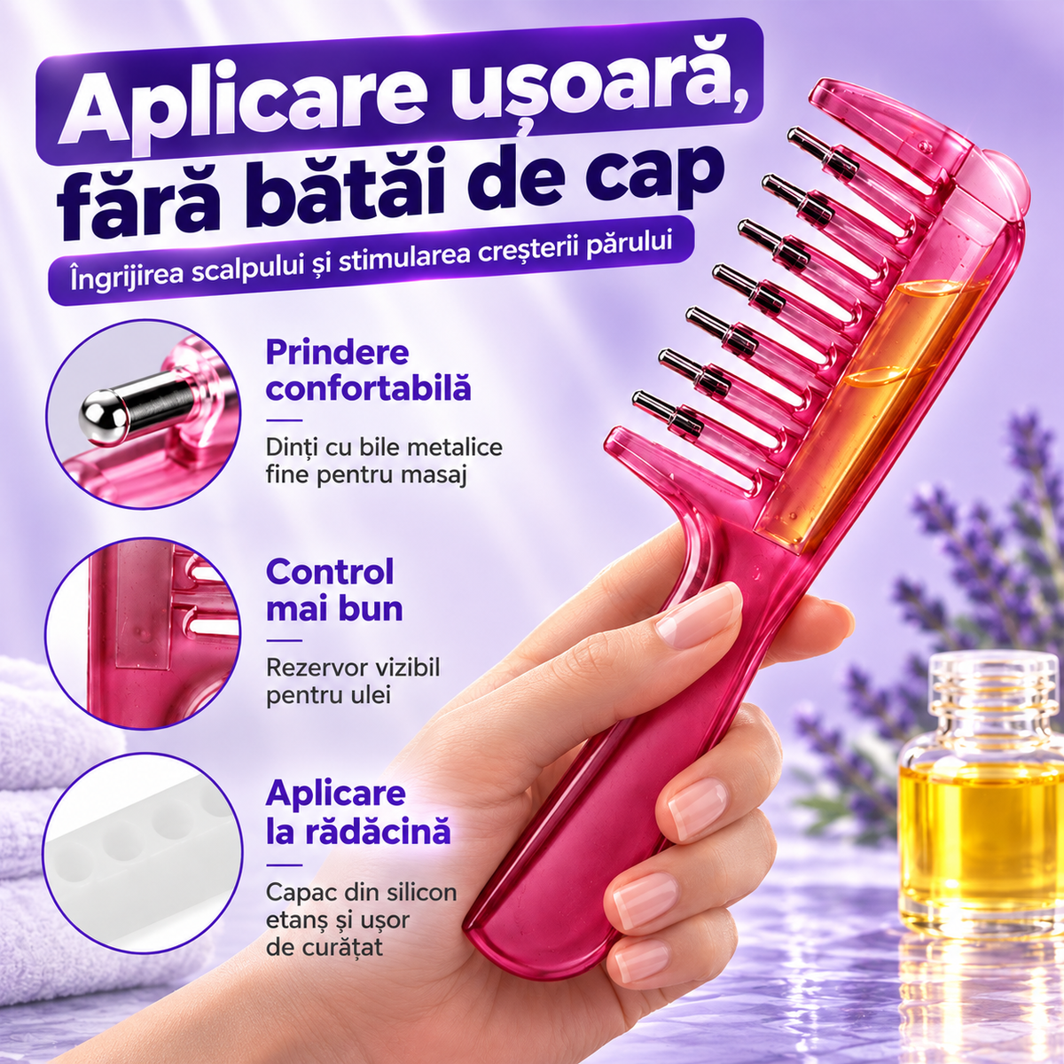Pieptene Aplicator pentru Ulei și Seruri, cu Masaj
