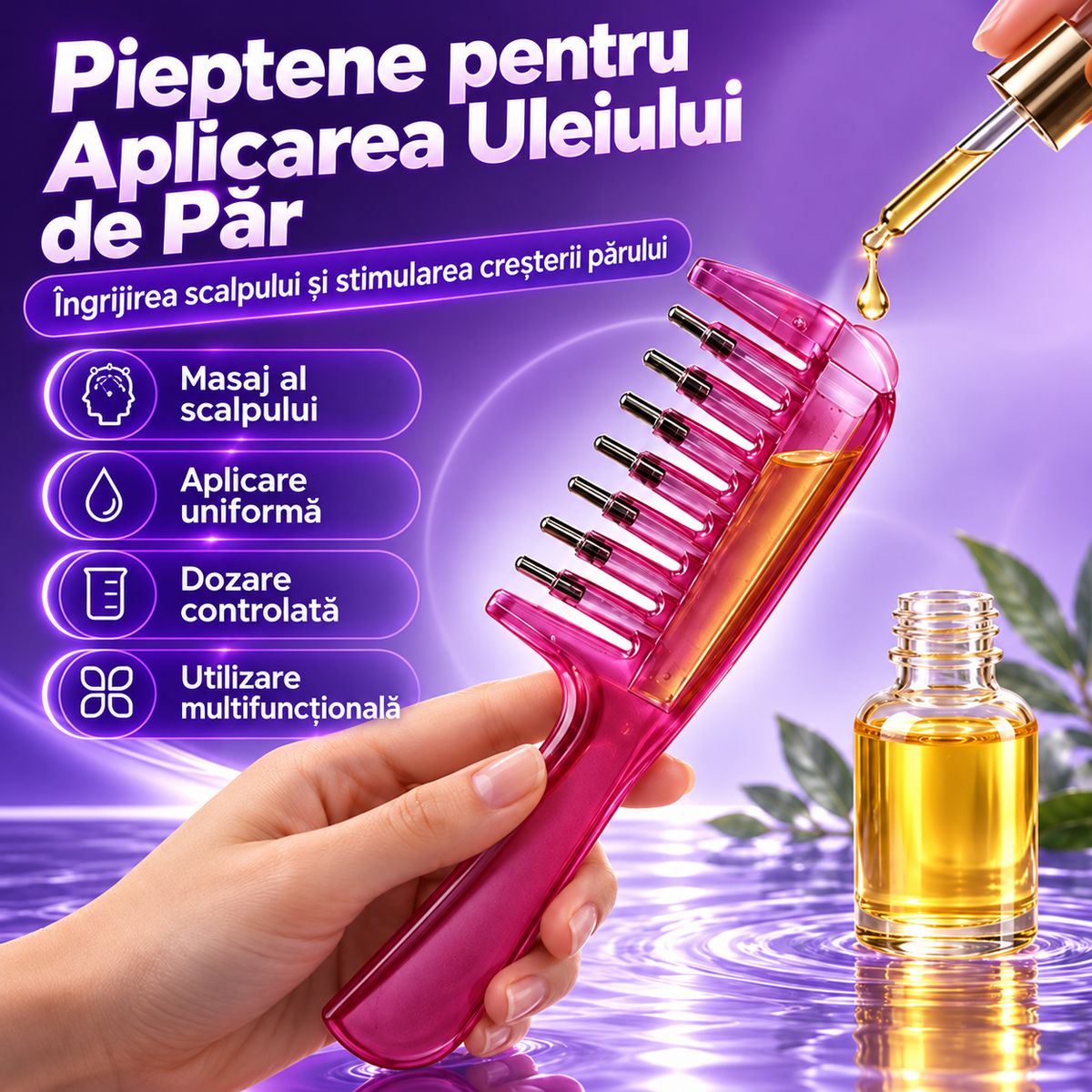 Pieptene Aplicator pentru Ulei și Seruri, cu Masaj